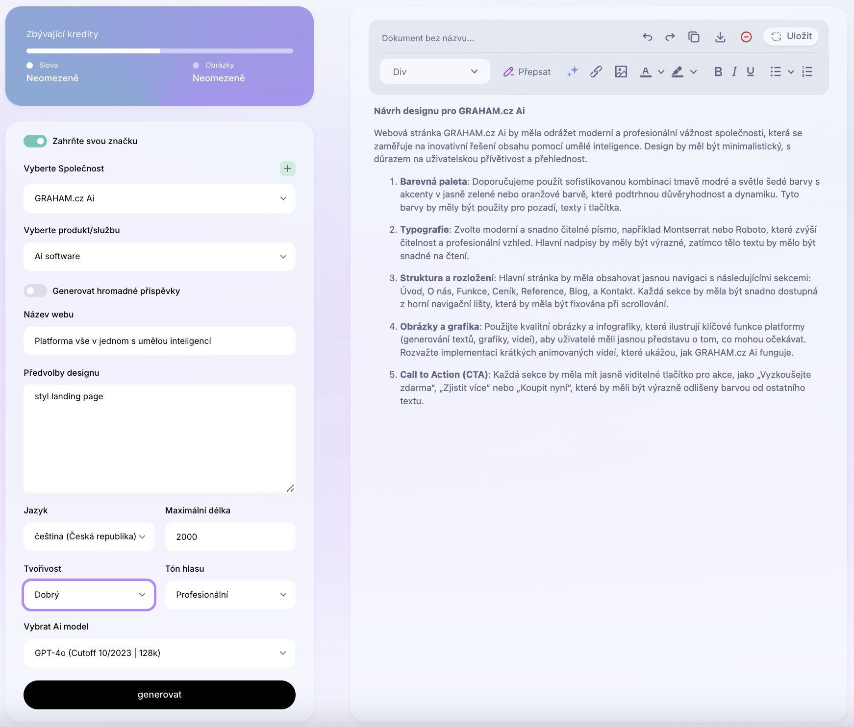 Ai Šablona: Generátor nápadů na webový design. Jak vytvořit a vymyslet nápady na design (dizajn) pro webovou stránku? Příklady použití